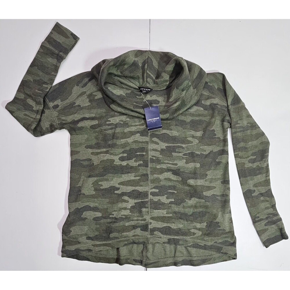 Lucky Brand Camo Cowl Neck Thermal Top Green Womens Size M Oversized Tunic